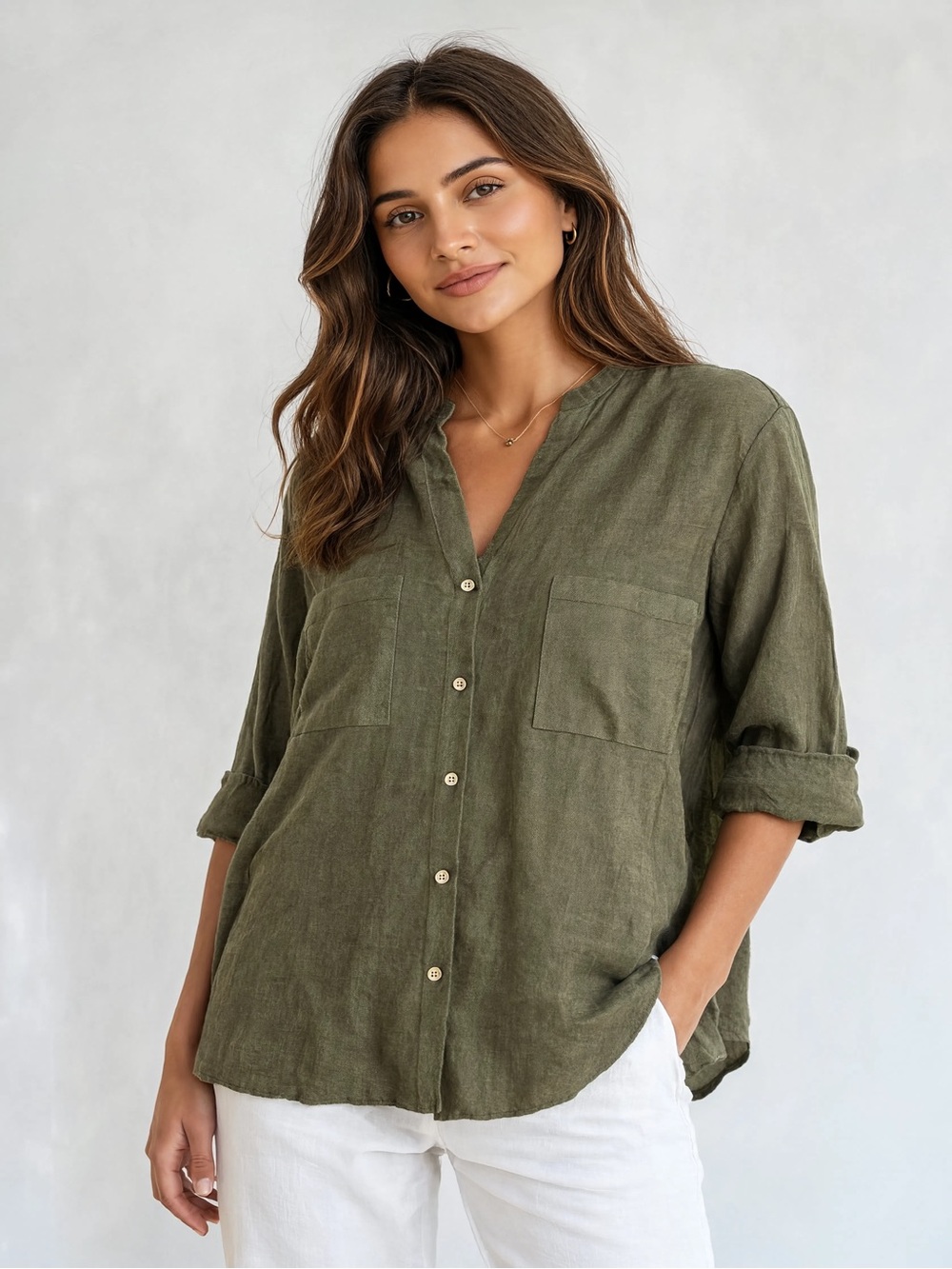 🎽ZARA Olive Green Relaxed Button-Front 100% Linen Top